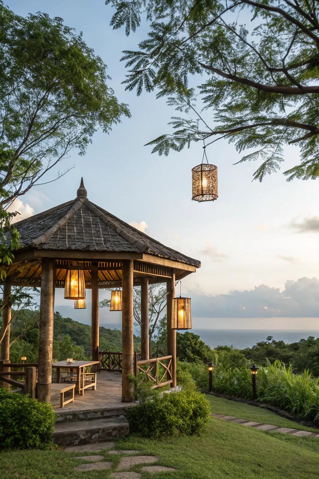 Bamboo components mix seamlessly to create a serene atmosphere.