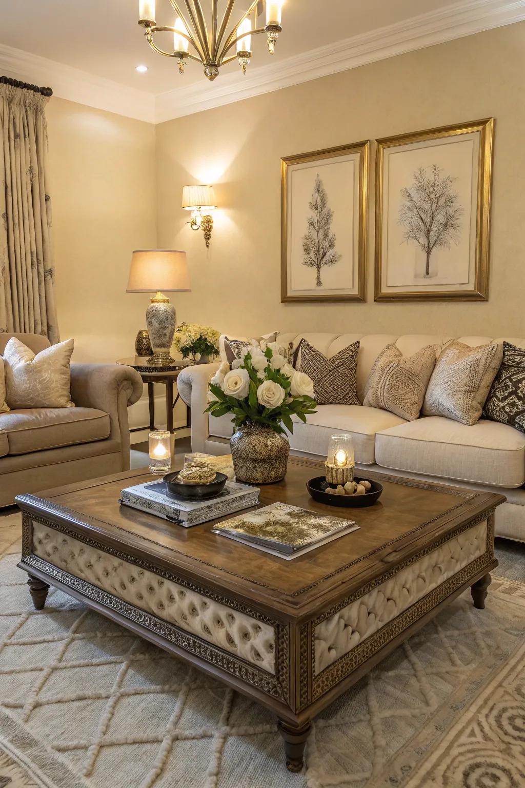 A chic living room designed around a statement low table.