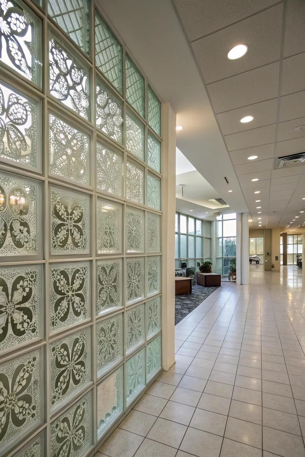 An interior featuring a patterned glass block wall, showcasing intricate designs and artistic visual interest.