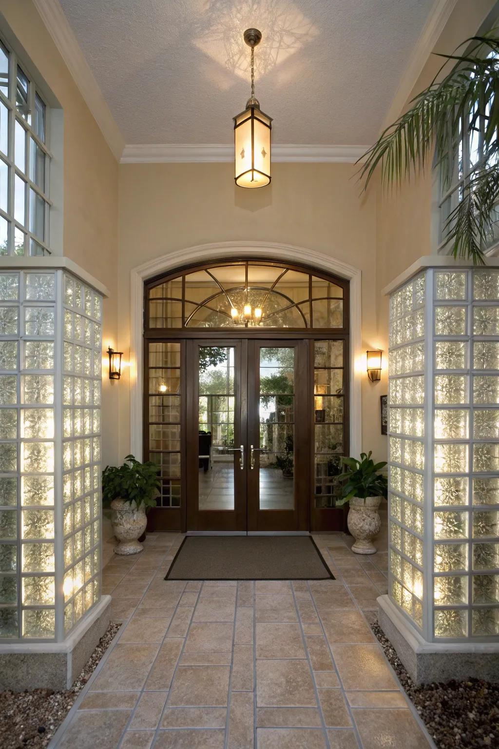 An inviting entryway enhanced by glass tile features.