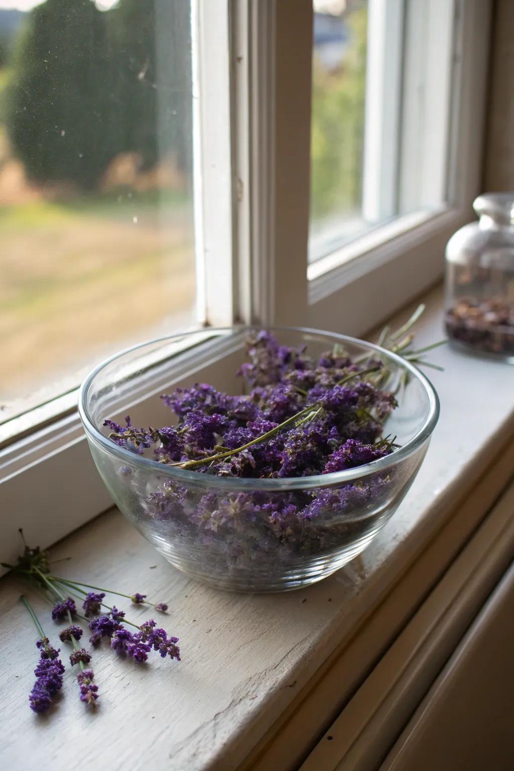 Stylish and aromatic dried lavender placed inside a clear bowl.