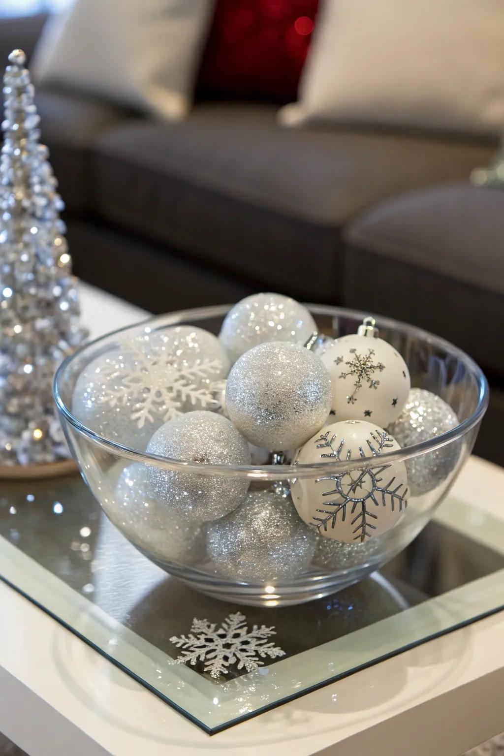 Sparkling snowflakes adding a frosty shine in a glass bowl.