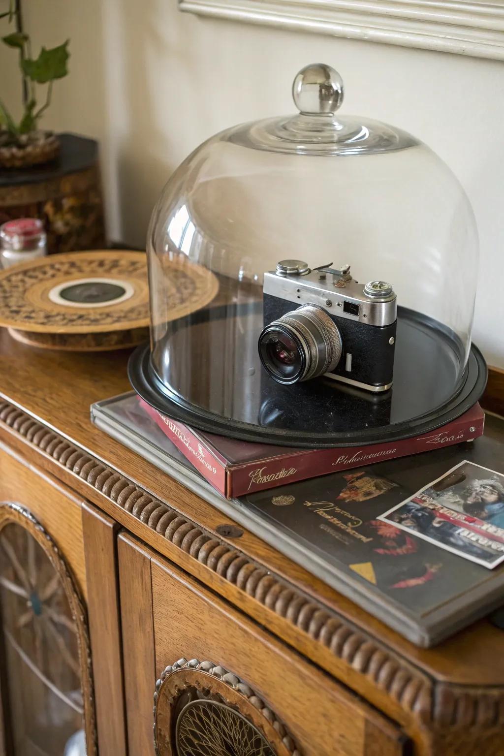 Retro items fashion a nostalgic showcase underneath a glass cover.