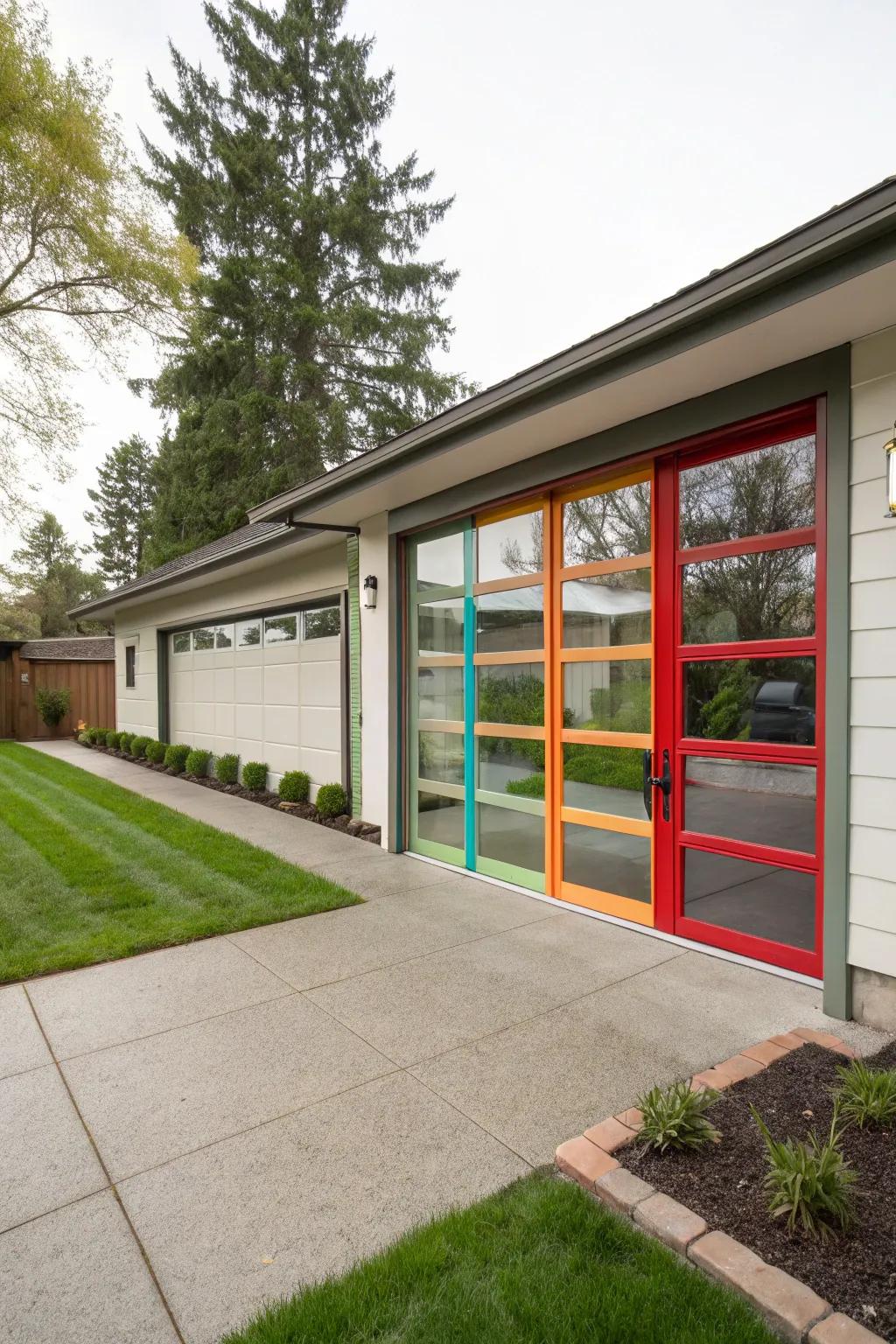 A bold home design with a colorful glass overhead door frame.