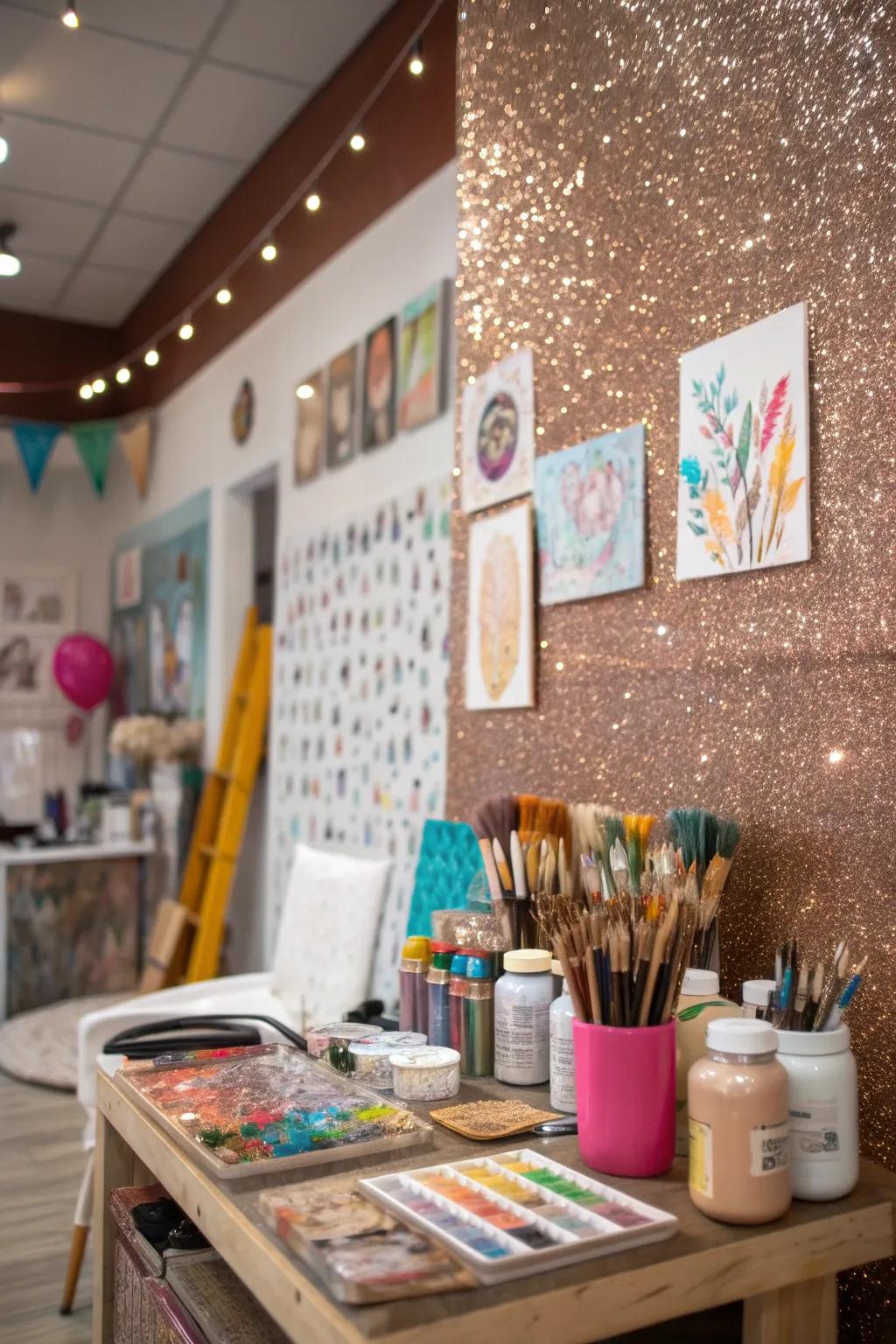 A shimmering feature wall inspires in a creative space.