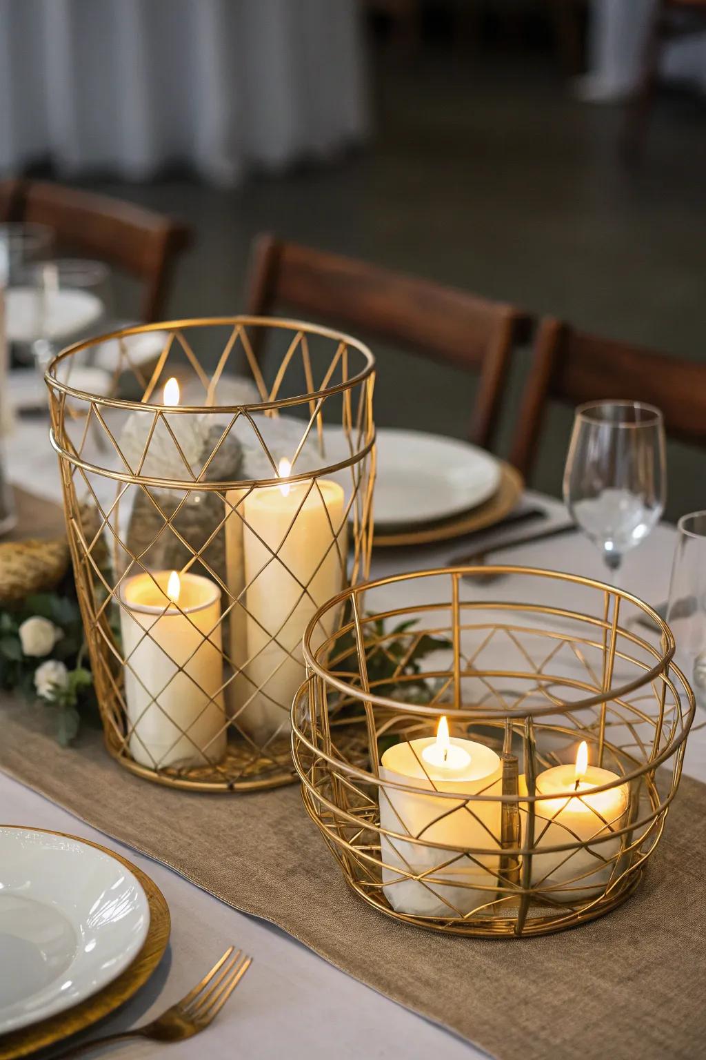 Industrial chic emphasizing gold wire holders and candles.