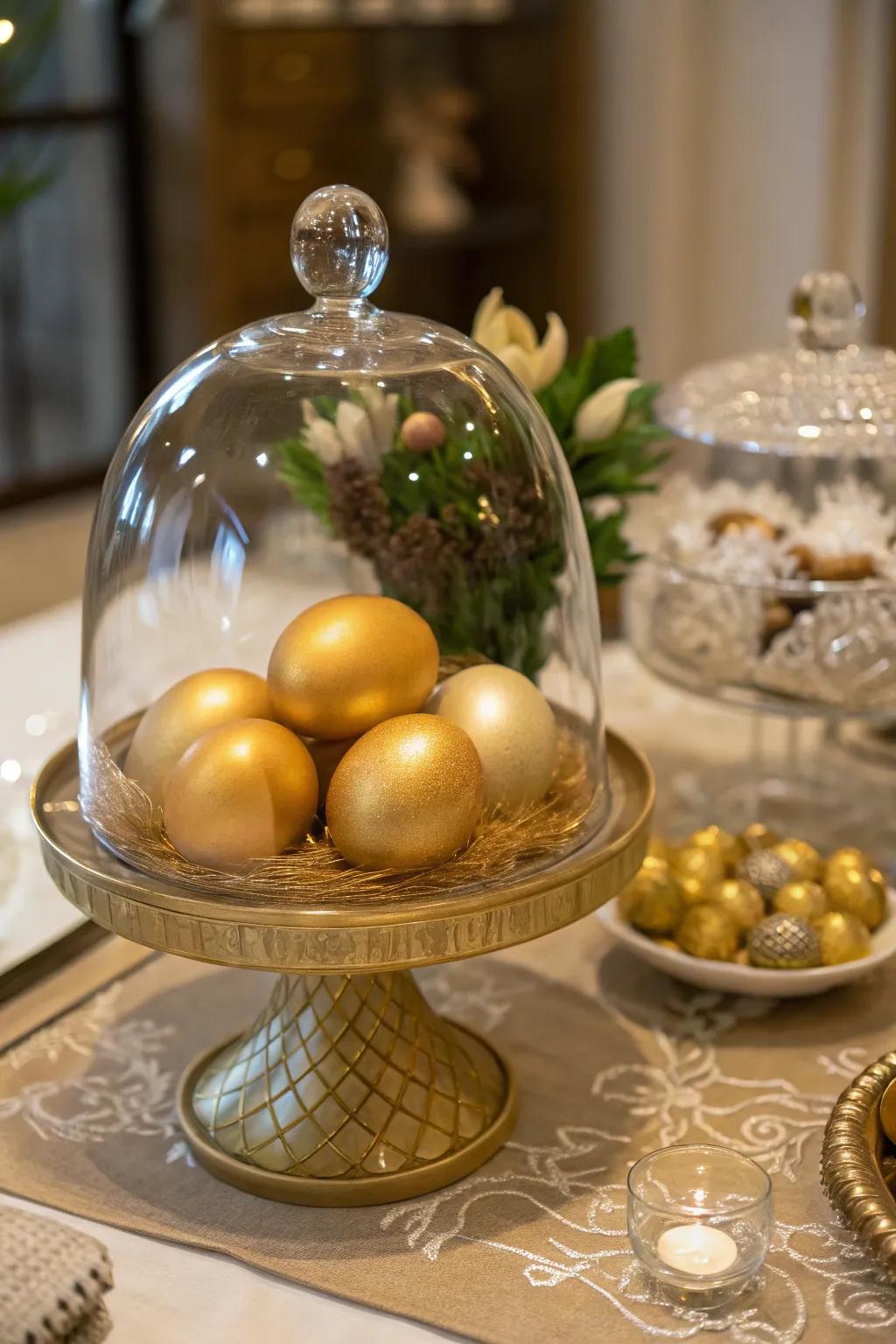 Gilded eggs under a display dome create a sophisticated display.