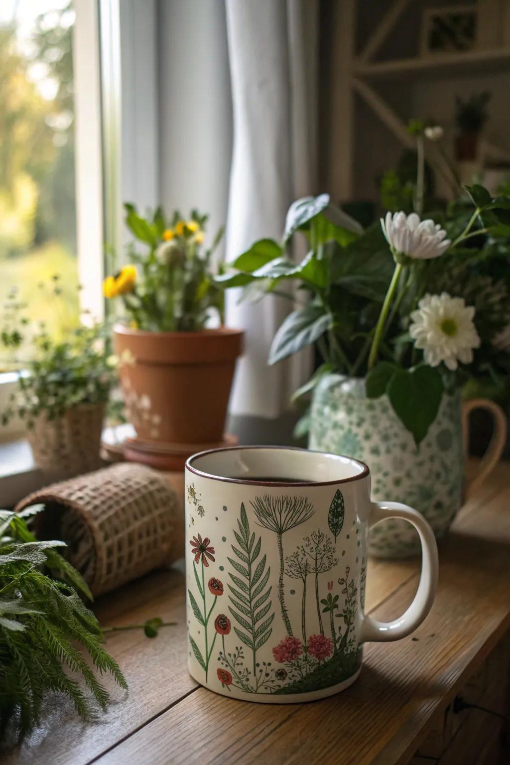 A mug bringing the beauty of nature indoors.