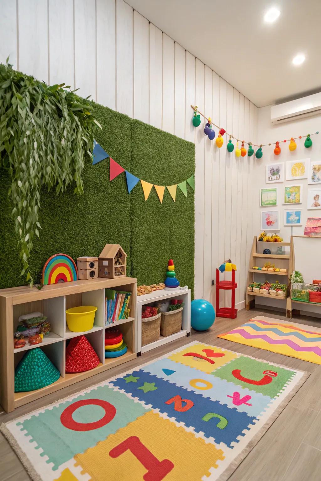 A vertical garden in the kids' space encourages creativity and playfulness.
