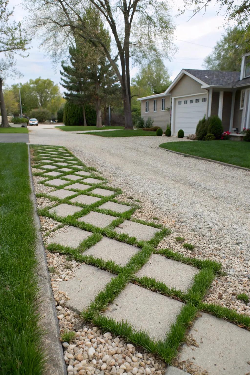 Grass block trim merges driveway with vibrant greenery.