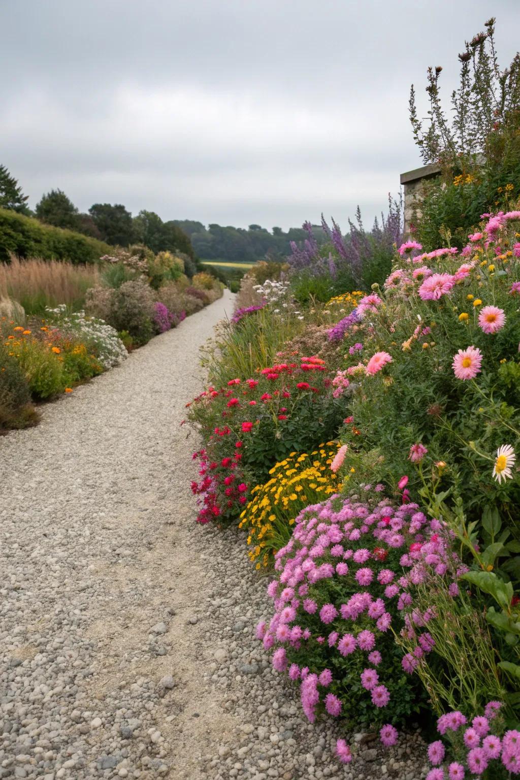 A dynamic stone flower garden displaying rotating seasonal flowers