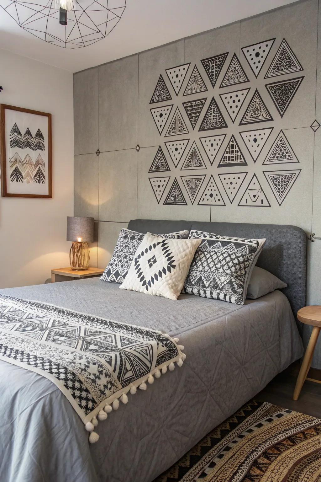 Geometric designs introduce a contemporary edge to a gray environment.