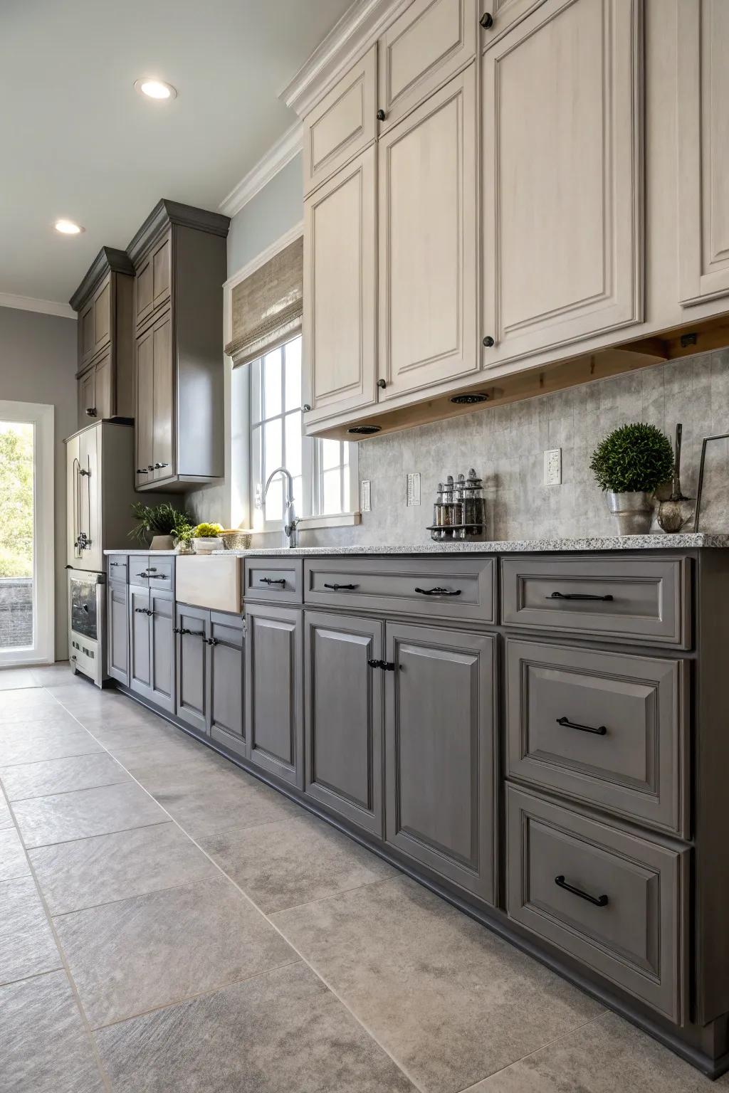 Mixing gray tones in cabinets crafting depth and captivation.