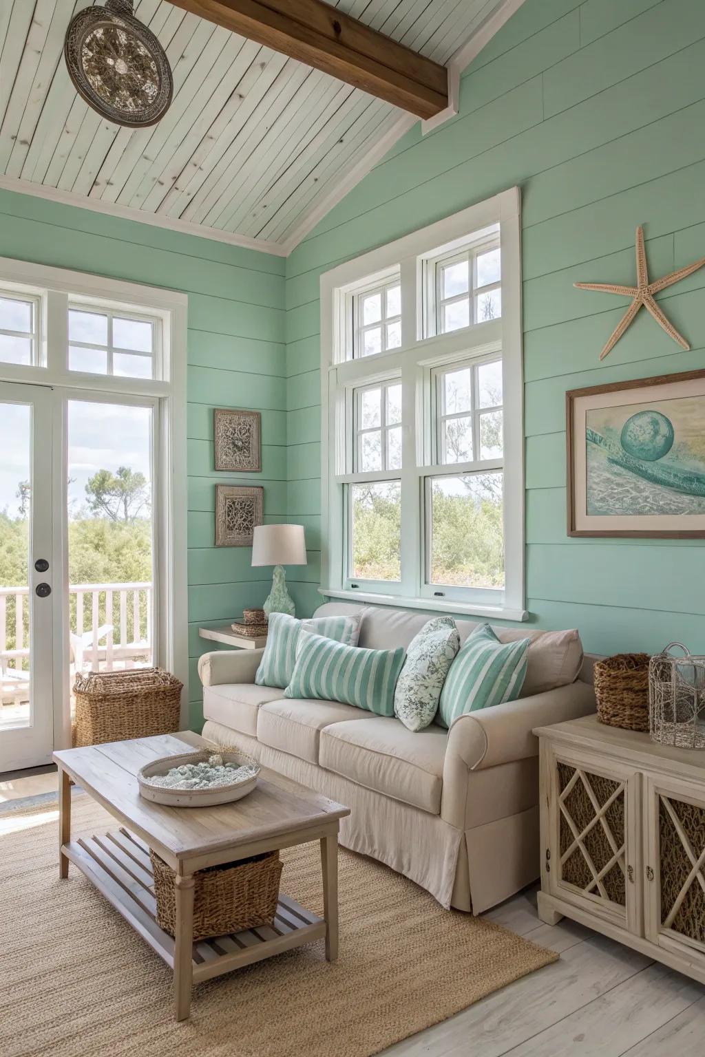 Seafoam green walls evoke breezy coastal themes.