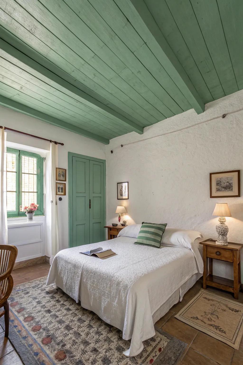 A green ceiling adds an unexpected twist to the bedroom's design scheme.