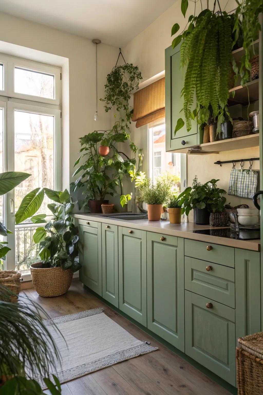 Indoor plants breathe life into a green-themed kitchen.