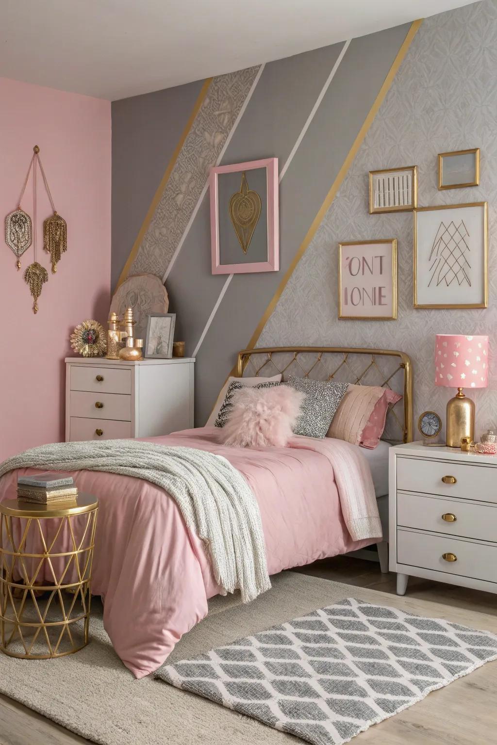 Metallic highlights add a touch of luxury to the pink and grey décor.