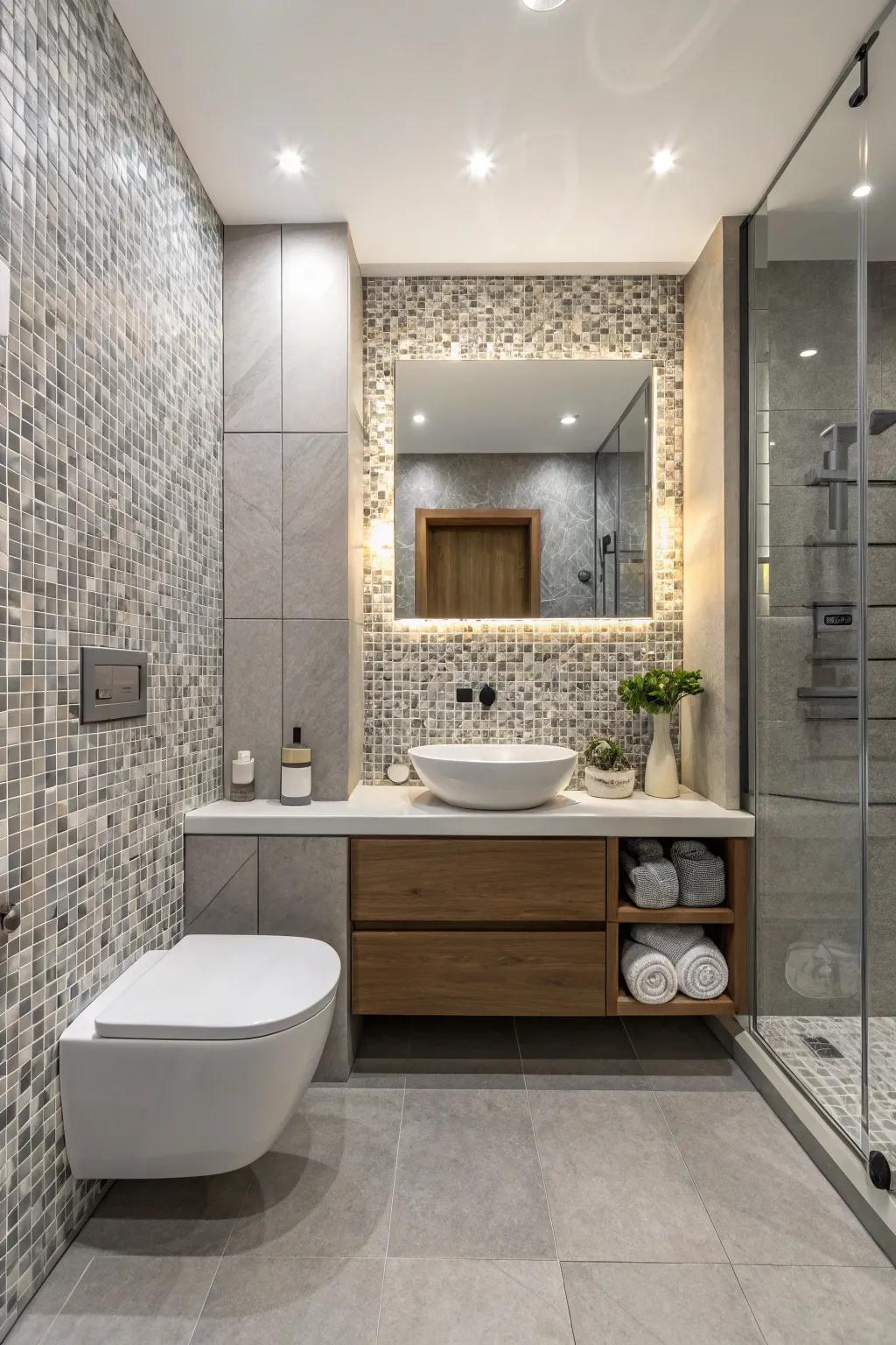 Mosaic tiles add an artistic focal point to the bathroom.