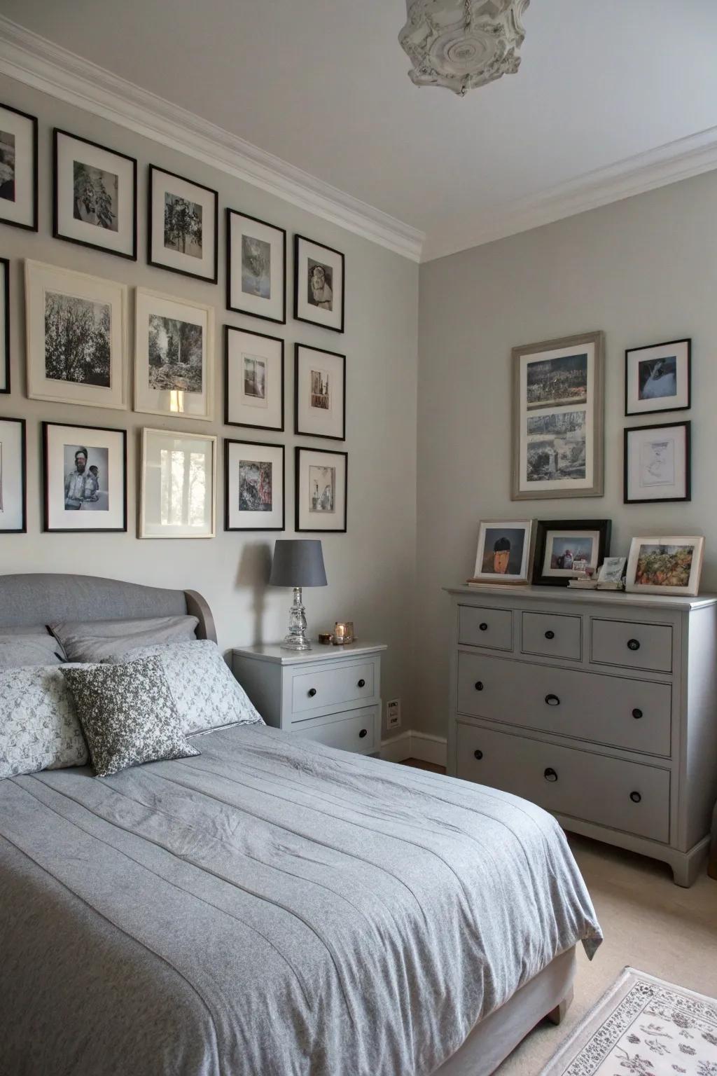 A display wall with grey frames personalizes the space.