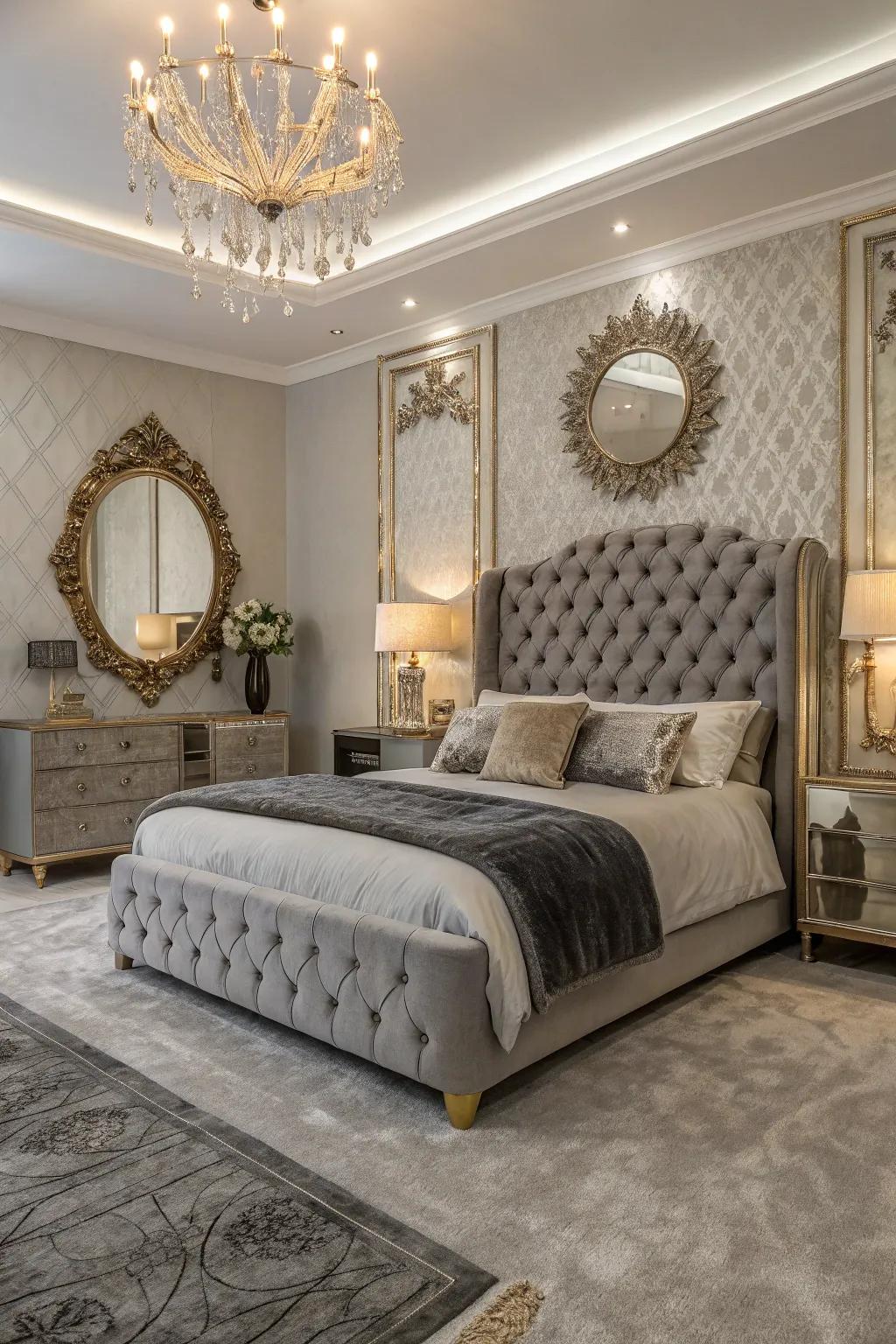 Glamorous elements add a luxurious touch to the ash-toned floor covering bedroom.