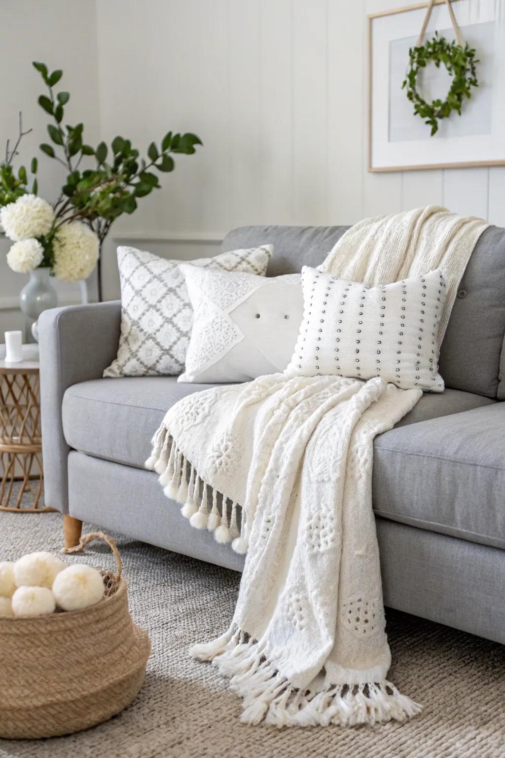White elements brighten up a space featuring a gray sofa.