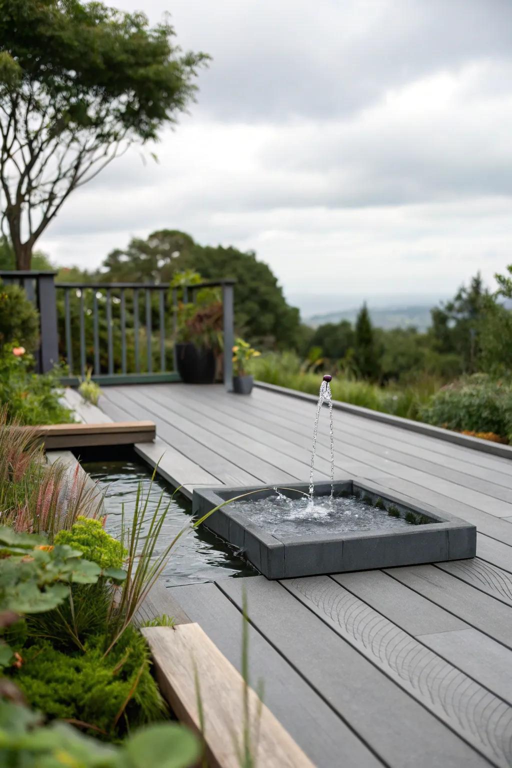 A relaxing water feature enhancing a grey deck.