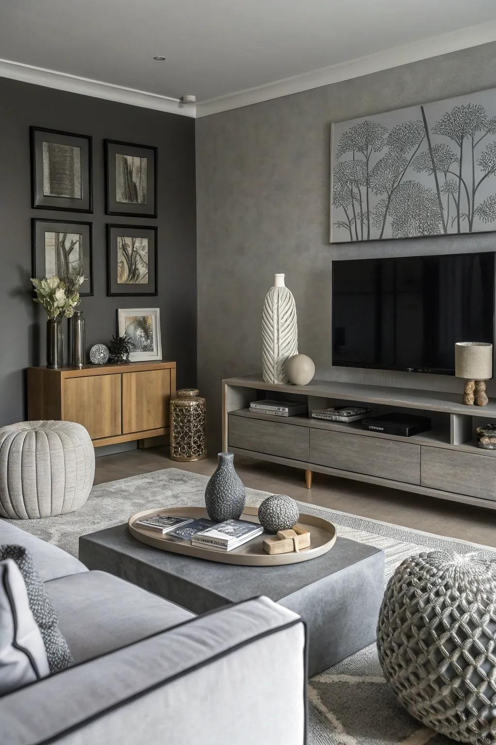 Layered grey tones create a sophisticated and modern monochrome living room.