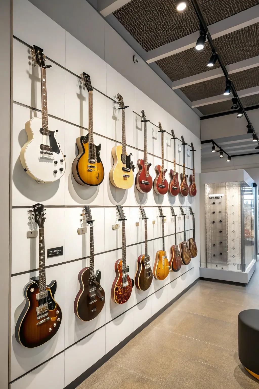 Guitars presented inside a geometric grid pattern for a modern touch.