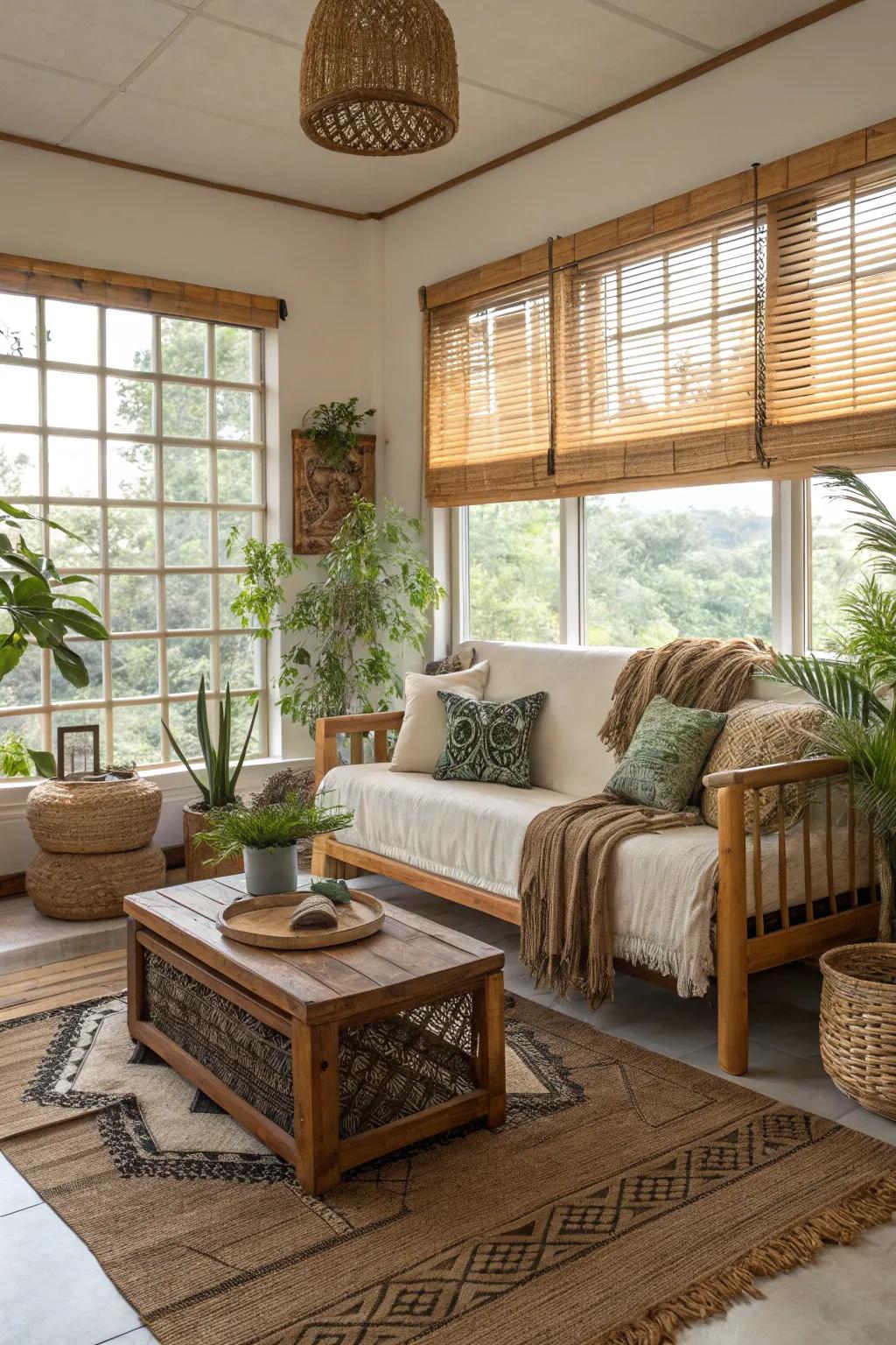 Sustainable living area with artificial timber window blinds.
