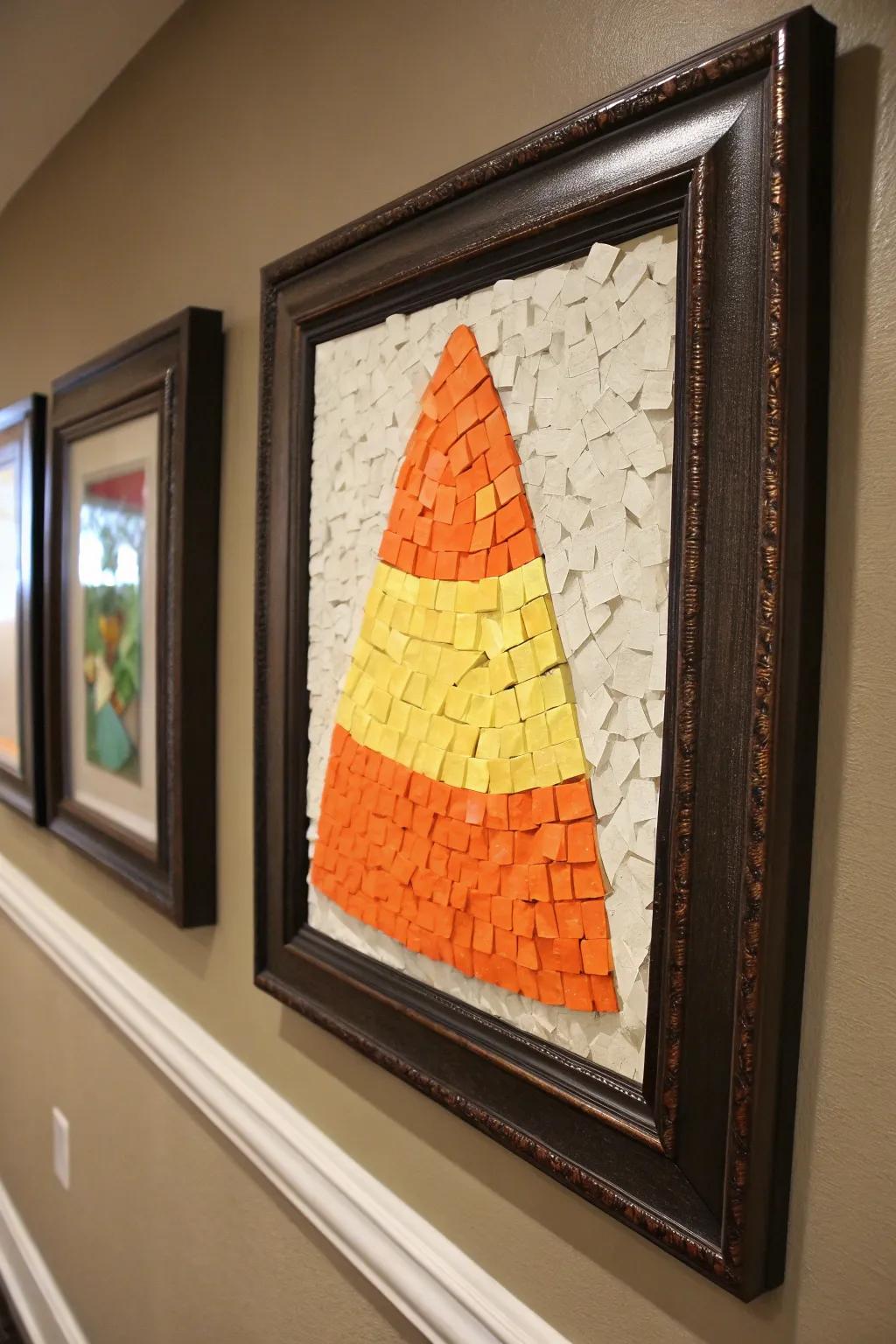 Candy corn mosaic artwork furnishes a sweet ornamental accent