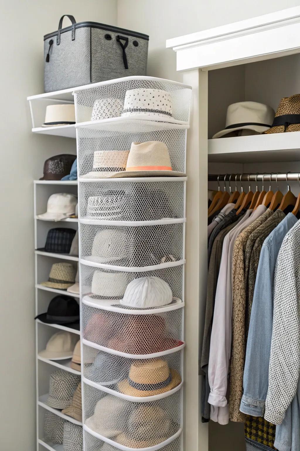 Hats in mesh organizers.