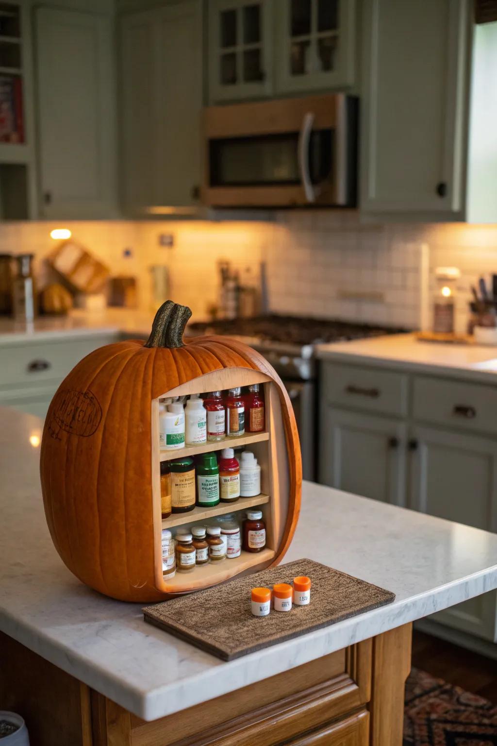 A pharmacy-themed pumpkin that cleverly combines health-related elements with festive decor.