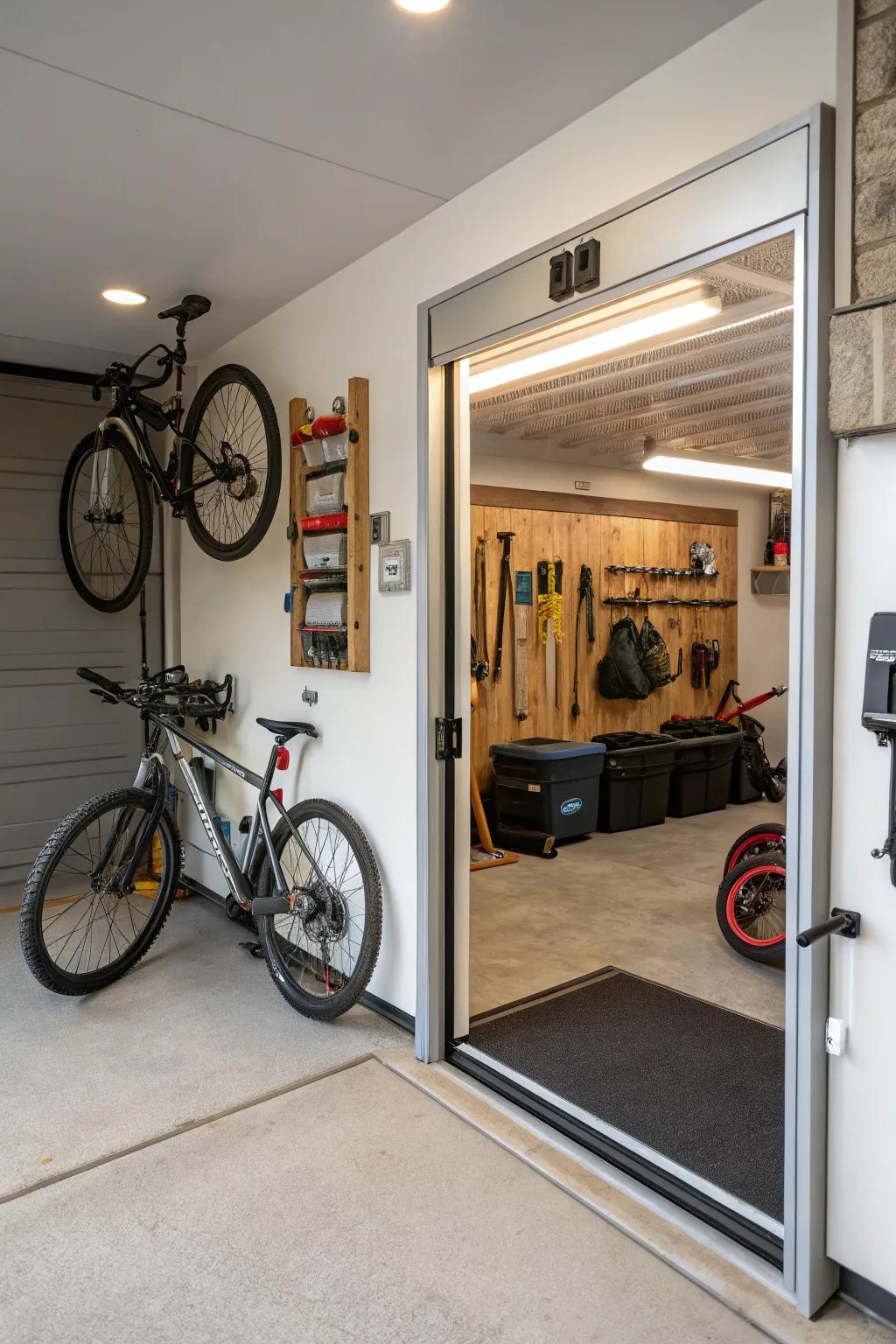 A hidden mirror door adds glamour to garage storage areas.