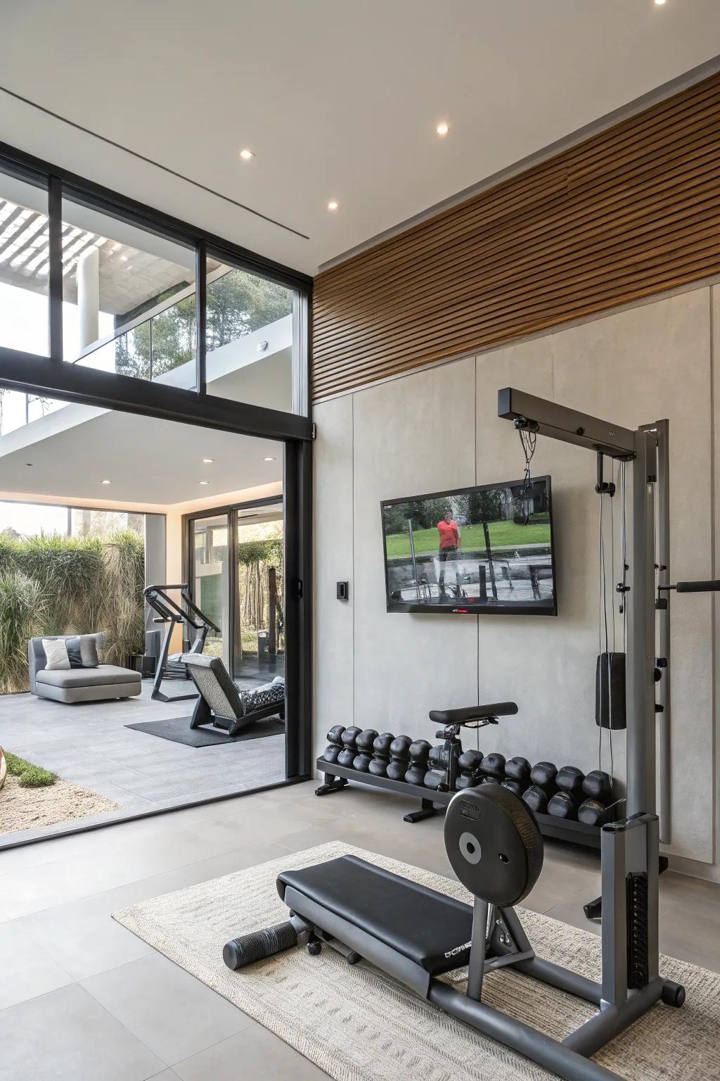 Wall-affixed display monitor: Where entertainment meets exercise.