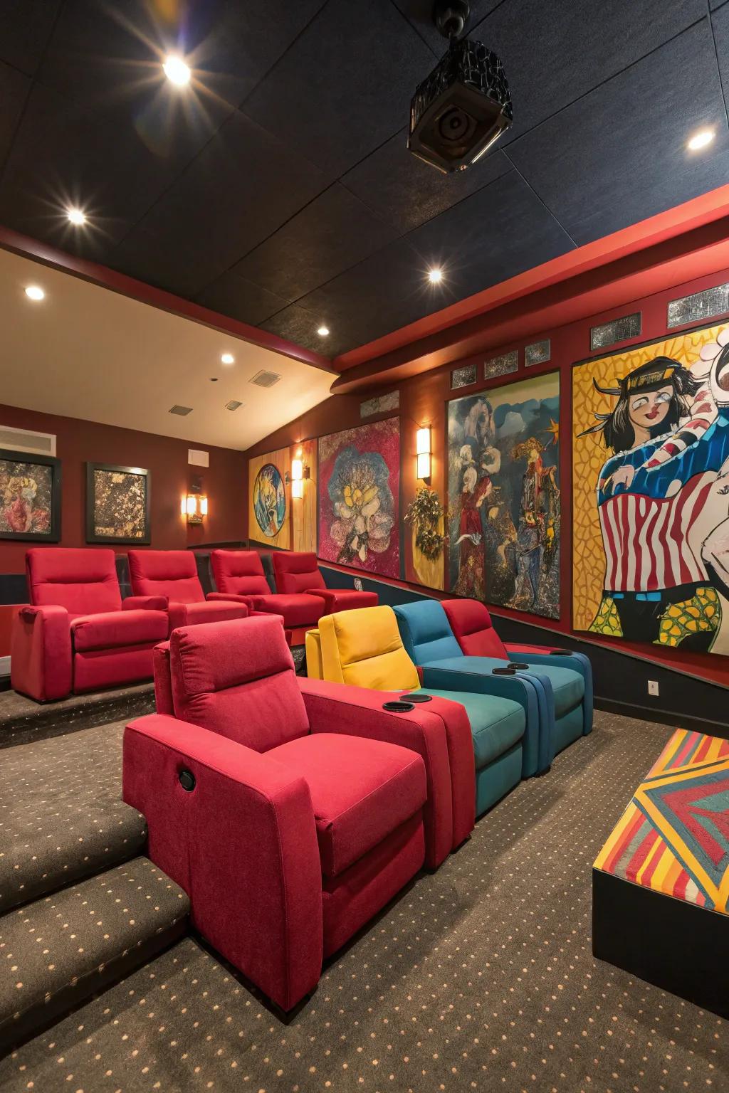 Bold-colored seating adds vibrancy and personality to your home theater.