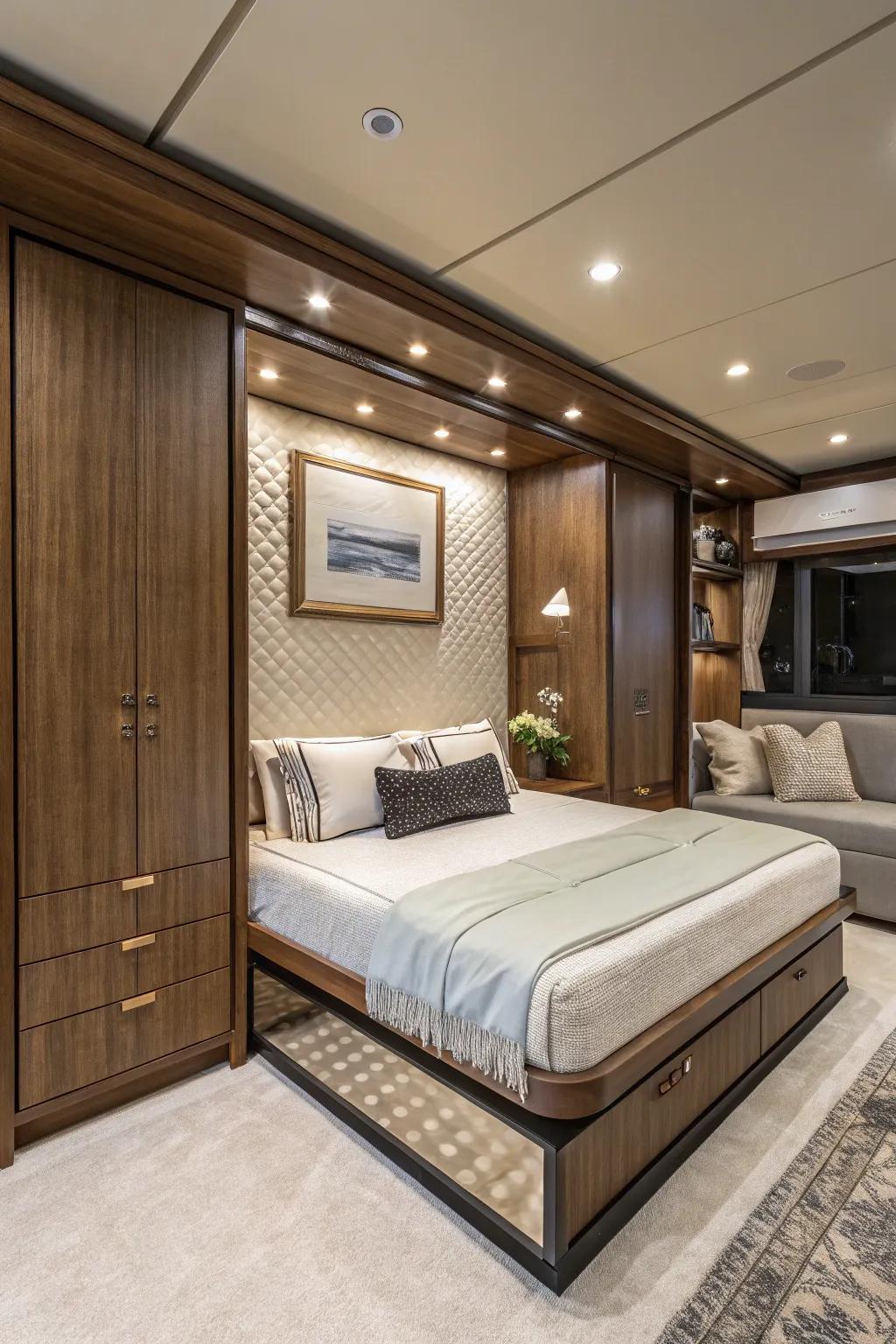 Reserved luxury inside a space using a convertible bed, exuding elegance and style.