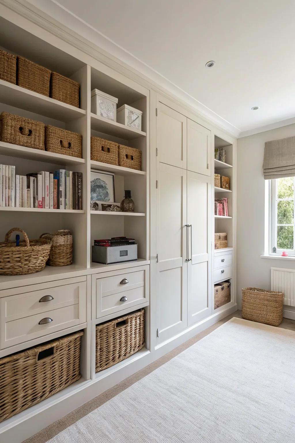 A room that remains clutter-free thanks to smart hidden storage solutions.