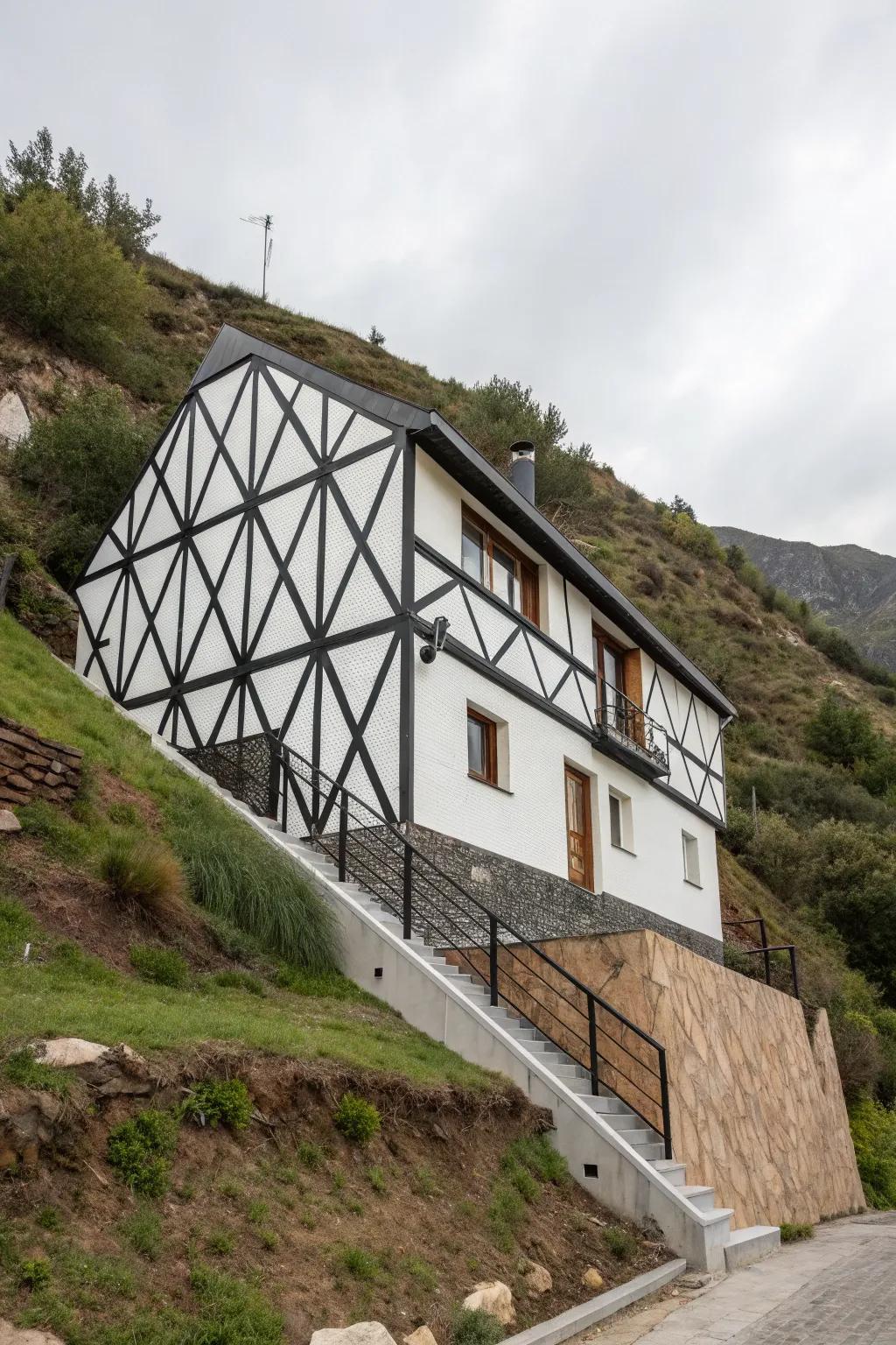 A daring geometric facade that brings an artistic touch to hillside living.