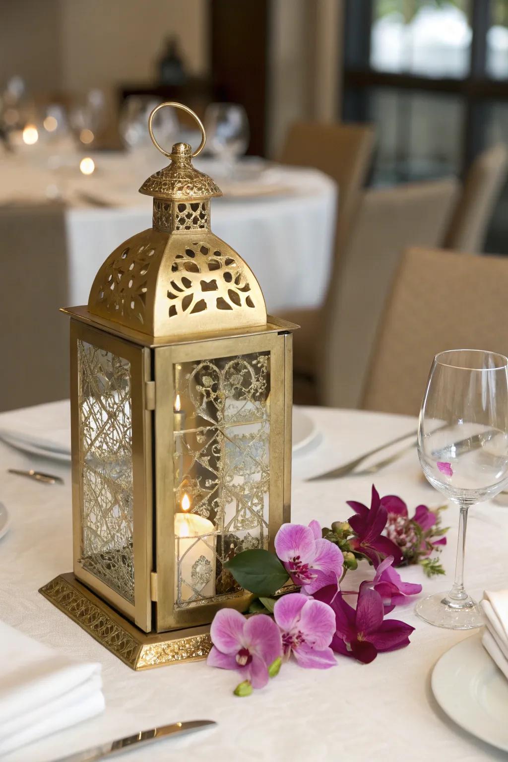 Glamorous gold lantern with luxurious floral display.