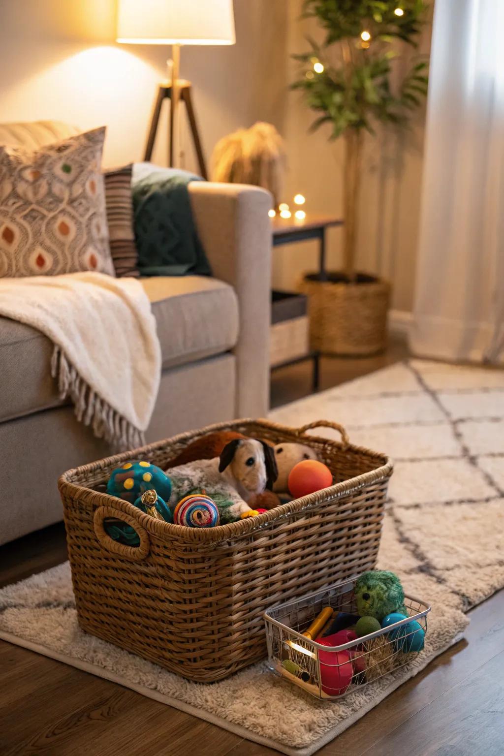 Baskets keep pet accessories stylishly organized.