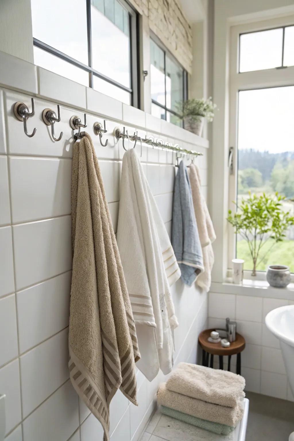 Adhesive pegs provide a versatile, non-permanent way to hang towels.