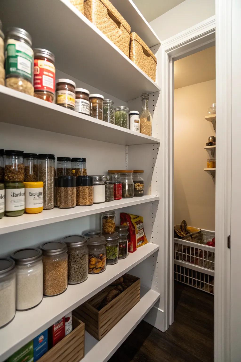 Shallow shelves capitalize on area within a petite pantry.