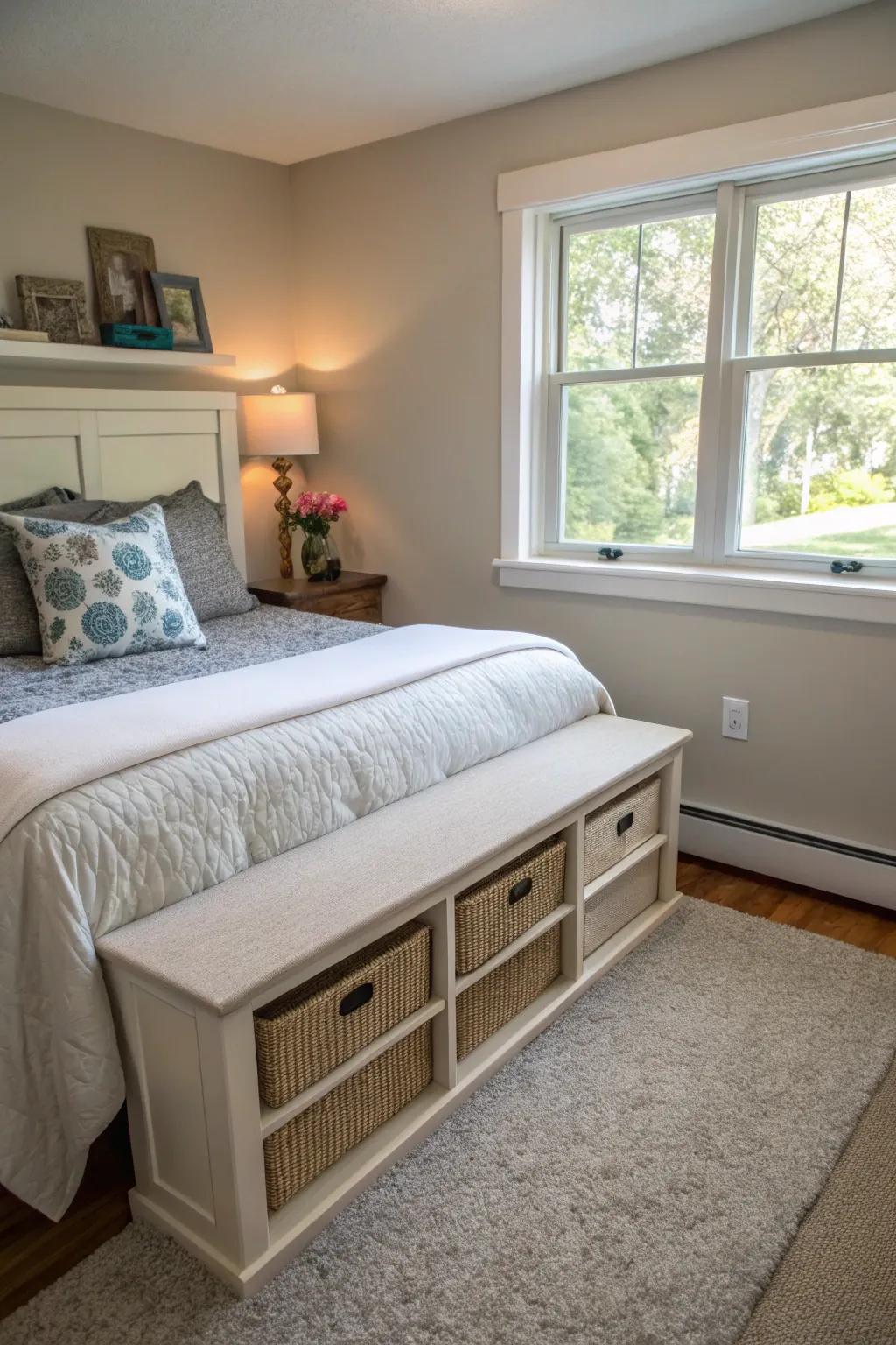 A bench combines seating with storage.