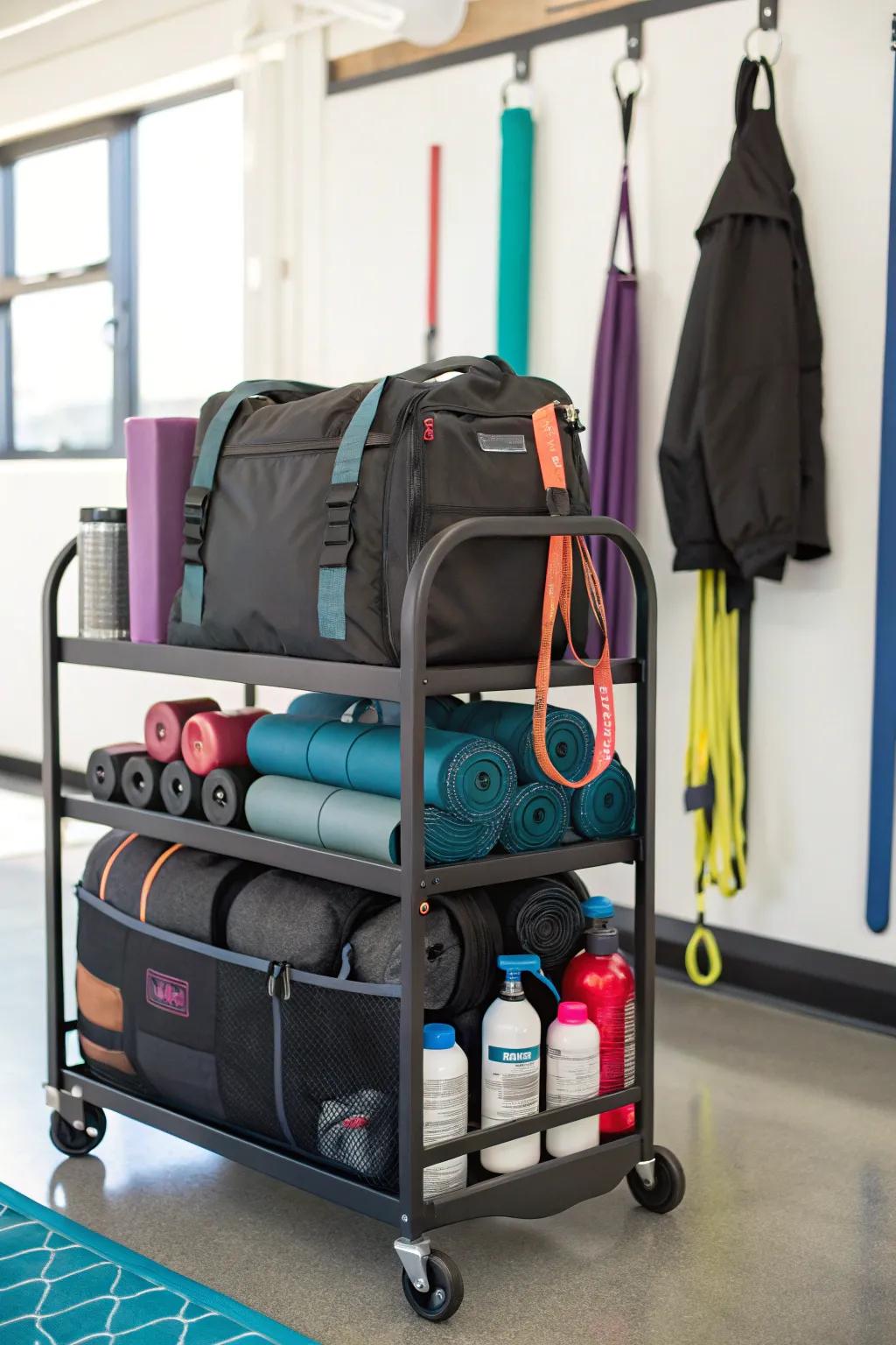 A rolling cart utilized for flexible workout gear storage.