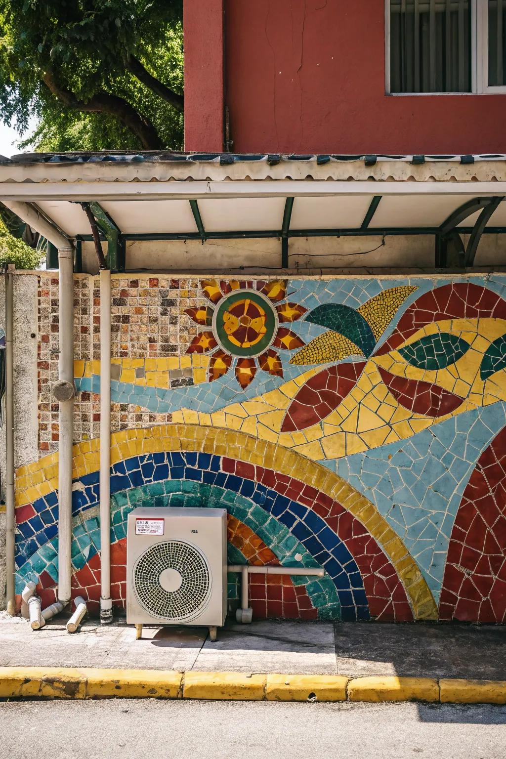 A colorful mosaic wall provides distinctive shade and artistic expression.
