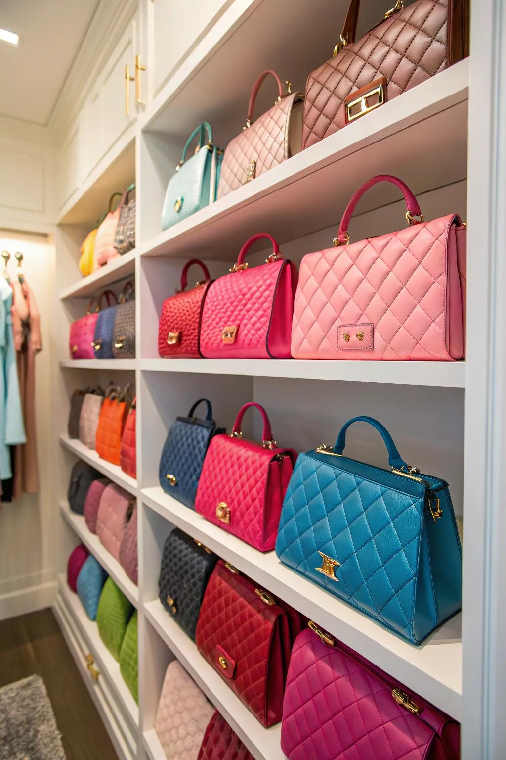 Handbags arranged by hue, injecting a lively touch into the closet.