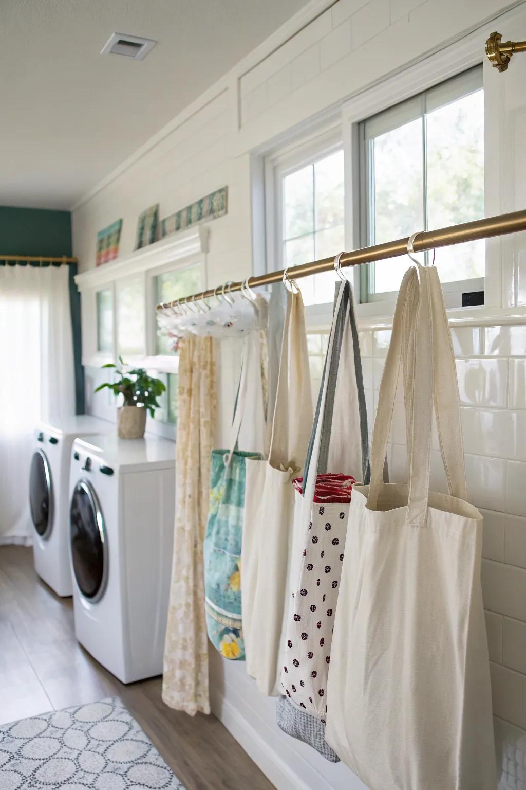 Curtain rods can double as a subtle tote bag display.