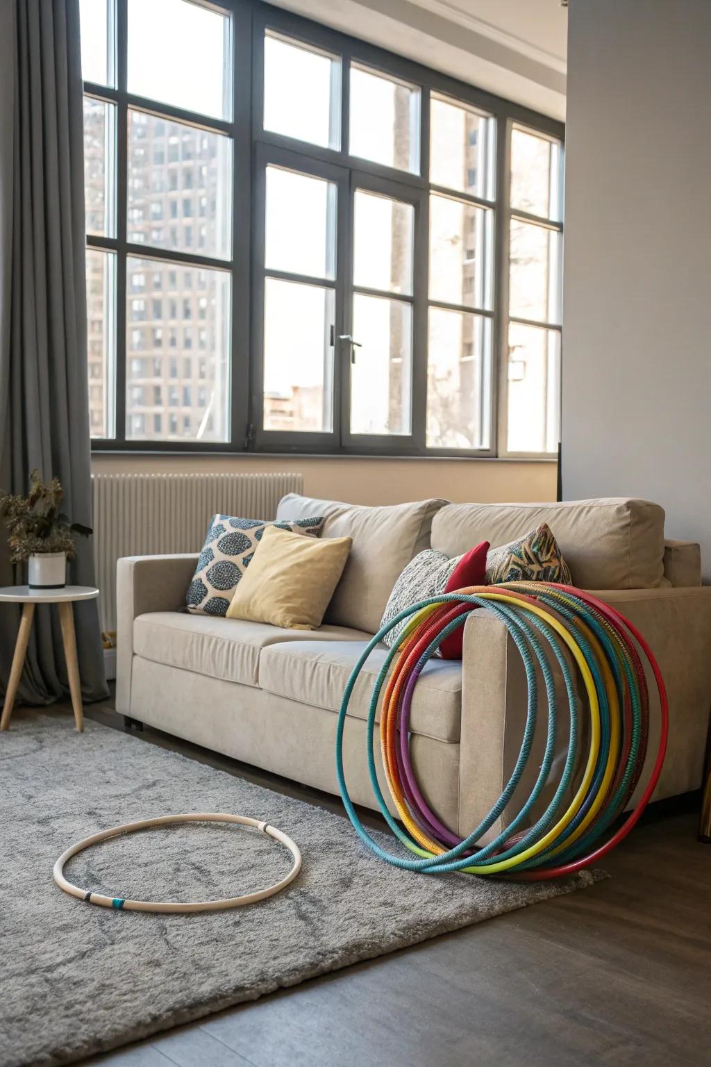 Creative circles tucked behind a couch, smartly hidden but easy to grab.
