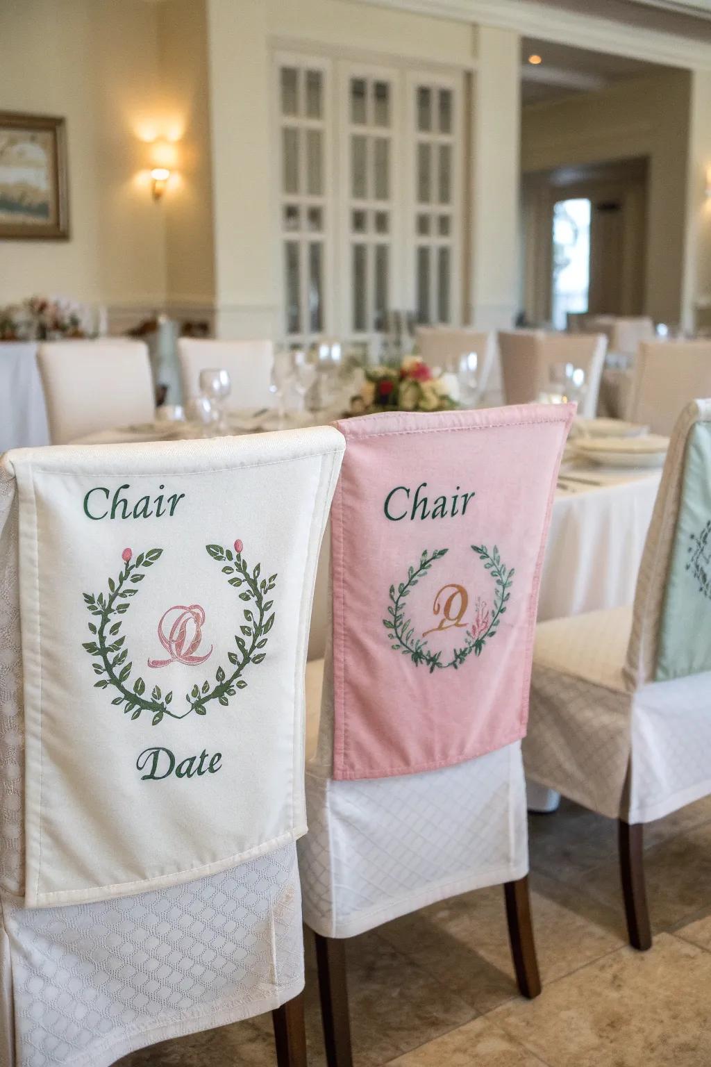 Personal touch with embroidered chair wraps.