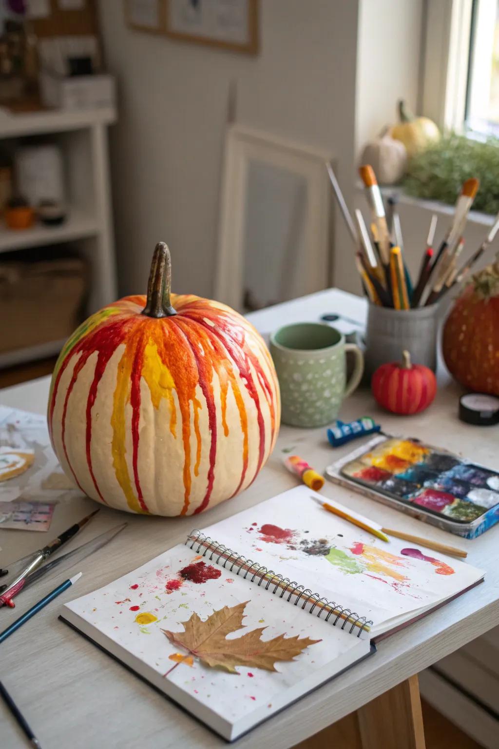 A pumpkin with wax drizzles creating an artistic and colorful display.